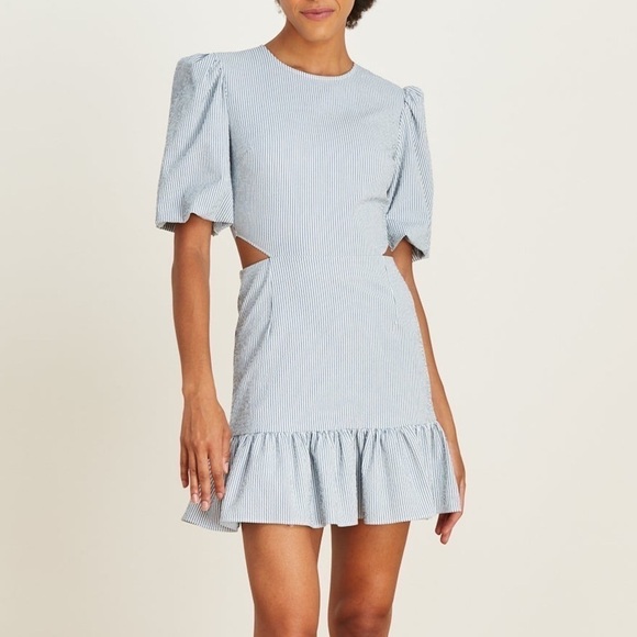 NWT Veronica Beard Iker Dress Side Cut Out Puff Sleeve Ruffle Mini Blue Sz 8 - Picture 1 of 15